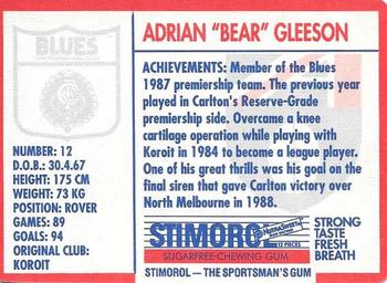 1991 Scanlens Stimorol #82 Adrian Gleeson Back